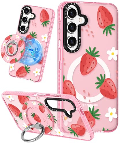 Kokaade for Samsung Galaxy S25 Case for Women Girls - Cute Kawaii Compatible with Magsafe for Magnetic Ring Holder Stand Strawberry Flower Design Phone Cover Girly TPU Case for Galaxy S25