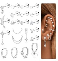 CASSIECA 21Pcs Piercing Ohr Chirurgenstahl Helix Piercings Silber CZ Blume Creolen Ohrstecker Ohrringe Set Damen Knorpel Ohrringe Tragus Conch Helix Piercing Ohr Silber Schmuck