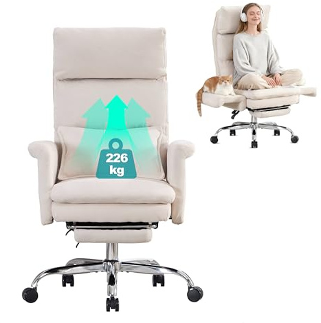 UEV Silla Ergonómica con Reposabrazos Reversibles 90°-190°, Alta y Grande, Sillón de Oficina Ergonómico con Reposacabezas Ajustable y Reposapiés Retráctil, 70 x 65 x 116-123 cm, Beige