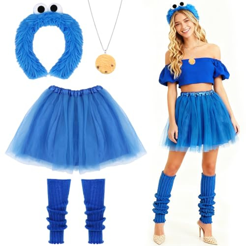 HUKUMA Krümelmonster Tüllrock Damen, 4 Stück Kekse Monster mit Blau Tüllrock für Karneval Fasching Halloween Cosplay