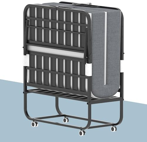 Spryygo Folding Bed, 74.4x38 Portable Beds for Adults, Heavy Duty Sturdy Metal Frame, Foldable Bed on Wheels for Twin Size, Space Saving Rollaway Bed for Guest Easy Storage