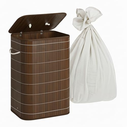 Relaxdays Tvättkorg med lock, bambu, 80 l, vikbar tvättkorg, H x B x D: 60 x 40 x 30 cm, tvättkorg, mörkbrun