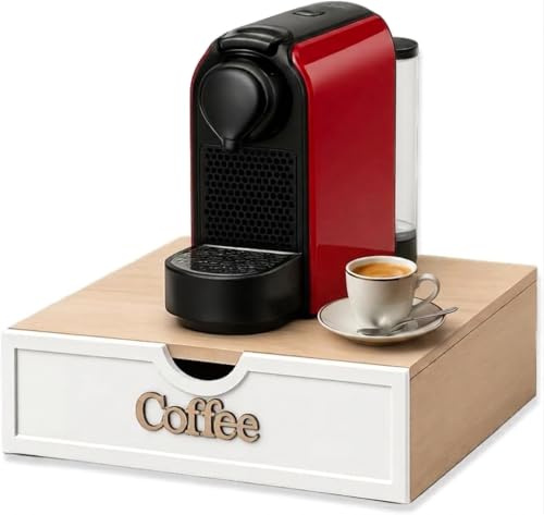 FLOBALIT Porta Capsule Portacialde in WPC con Cassetto e Ripiano effetto Legno – Organizer per Cialde, Capsule e Tisane – PortaCapsule Caffè, Bustine The e Zucchero Gold (MODELLO A)