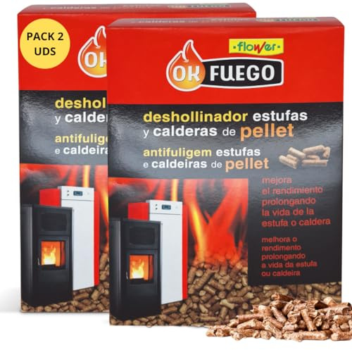 FLOWER x2 Deshollinador para Estufas y Calderas de Pellet 3 kg | Elimina Acumulación Hollín, Alquitrán y Polvo | Limpieza Fácil | Ahorro de Combustible | Mayor Vida Útil Chimena y Conductos