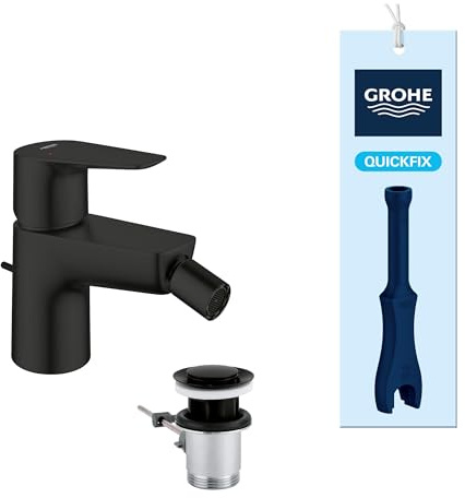 GROHE Start Edge QuickFix - Grifo de bidé con desagüe Pop-Up, cartucho cerámico 28mm, ahorro de agua, latiguillos 3/8, QuickTool incluido, Negro Mate, 233452431