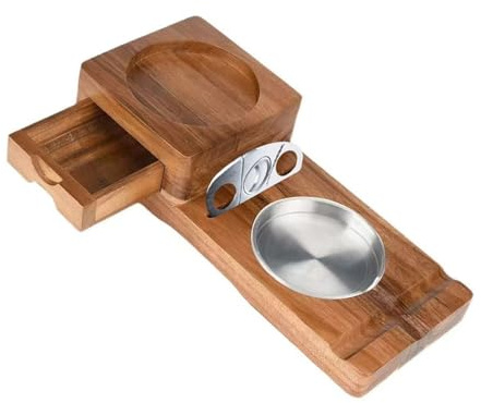 Ekoama Cenicero de madera dura con compartimento de almacenamiento integrado y soporte para bebidas para uso doméstico