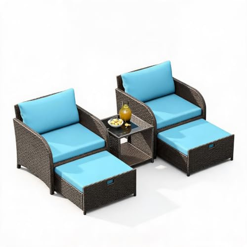 IDEALHOUSE Rattan Gartenmöbel Set Mit 5-Teiliges, Balkonmöbel Mit 71cm Breiter Sitzfläche, Wetterfestes 2 Loungesessel Mit Hocker&Tisch, Dicke Polster Rattansessel, Terrassenmöbel, Gartenmöbel-Blau