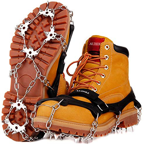 AUHIKE Steigeisen 19 Zähne Klauen rutschfeste Schuhhülle mit Edelstahlkette zum Wandern auf Schnee und EIS Schneekette Schneeketten (Schwarz1, M)