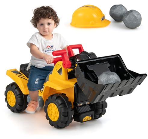 Costzon Ride on Excavator, Ride on Construction Vehicles w/Helmet, 3 Toy Stones, Realistic Sound, Adjustable Bucket & Under Seat Storage, Bulldozer Ride on Toy Gift for Kids Boys & Girls