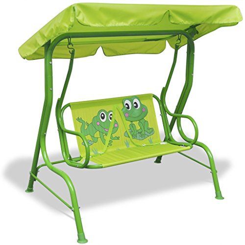 Festnight Kinder-Hollywoodschaukel Gartenschaukel Gartenliege Schaukelbank Mit Sonnendach 2-Sitzer Frosch 115 x 75 x 110 cm Grün