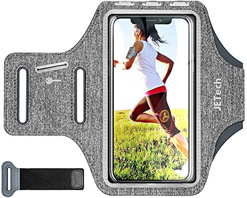 JETech Phone Armband Holder with Key Holder and Card Slot for Phone Upto 6.2 inch, iPhone 16e/16/15 Pro/15/14 Pro/14/13 Pro/13, Galaxy S23/S22, Pixel 8a, Water Resistant, Adjustable Band (Grey)