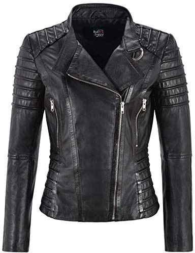 Carrie CH Hoxton Ladies Leather Jacket Biker Fashion Style Tops ZIpped Real Lambskin Leather Jacket 9393 (14 For Bust 88 CM, Black)