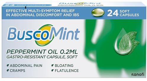 Buscomint 0.2 ml Peppermint Oil - IBS Multi-Symptom Treatment, Soft Gel Capsules, 24 count (Pack of 1), 100% Natural Active Ingredient, Preservatives Free