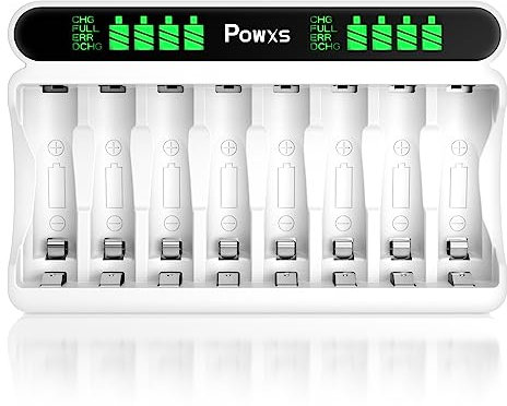 POWXS AA AAA Battery Charger, 8-slot Battery Charger for AA & AAA Ni-MH Ni-CD Rechargeable Batteries, with LCD Display and USB-C Input Fast Charging Function, Intelligent Battery Detection Technology