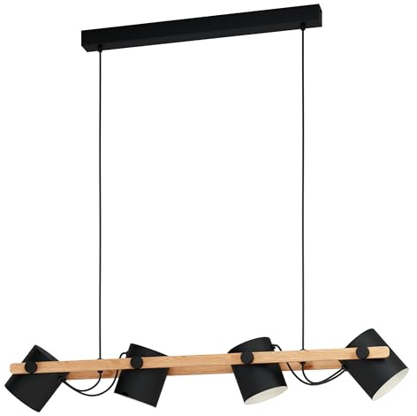 Eglo pendellampa Hornwood, 4 ljuskällor vintage pendellampa i industriell design, retro hängande lampa av metall och trä, svart, kräm, brun, FSC-certifierad, E27-sockel