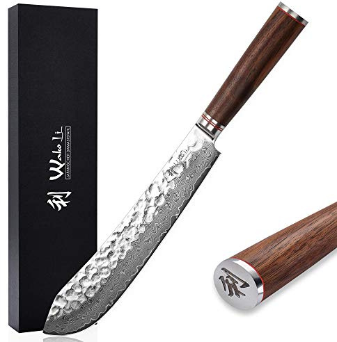 Wakoli Nussbaum BBQ Blockmesser 25 cm aus 67 Lagen Damaststahl, VG10 Kern | BBQ Fleischmesser und Tranchiermesser für Brisket, Steak und Grillgut, mit Hammerschlag, Nussbaumholzgriff und Geschenkbox.