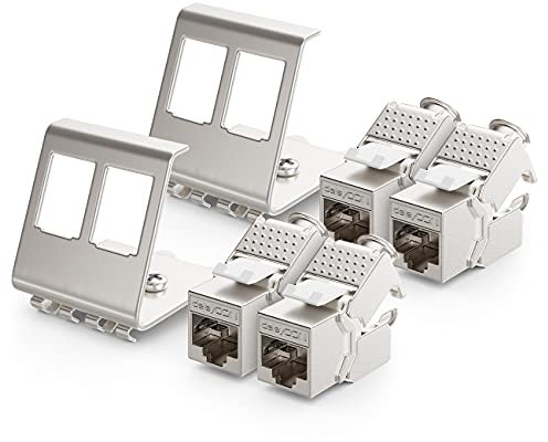deleyCON 2x CAT6a Keystone Jack Module Avec 2x 2-Port Adaptateur Pour Profilé Chapeau Comme Set Métal STP Blindage RJ45 Femelle 10 Gbit/s Réseau Montage Snap-In Pour Profilés Chapeau 35mm