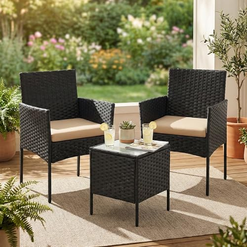 SONGMICS Balkongmöbler, trädgårdsmöbler, tillverkade av PE-polyrattan, loungemöbler, bord och 2 stolar, utemöbler, utomhus, för terrass, balkong, trädgård, svart-taupe GGF003B01