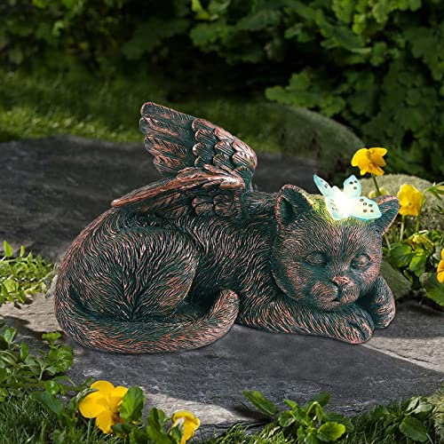Goodeo Kattängel med glödande fjärilsminne husdjursstaty trädgårdsdekor, sovande katt, solljus, utomhusdekoration, husdjur gravmarkör hyllningsstaty, katt, minnesgåvor för hem, uteplats