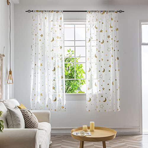 BOYOUTH Durchsichtige Voile-Vorhänge mit Sternen und Mond-Muster, Fensterdekoration, Stangentaschen-Vorhänge und Vorhänge für Schlafzimmer, Arbeitszimmer, Wohnzimmer, Gold, 2 Paneele, 99 x 130 cm