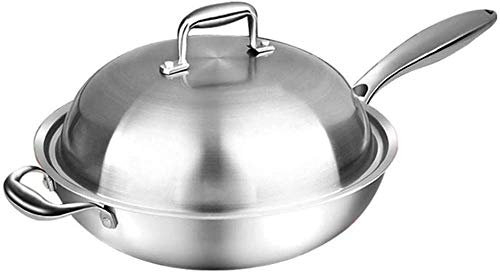 Kochtöpfe Pfannen Edelstahl Wok Pfanne Keine beschichtete Antihaft-Koch- und Gieß-Wok-Pfanne mit Deckel und Griff, für Gas- / Induktionskochgeschirr Mehrzweck-Edelstahl-Wok,