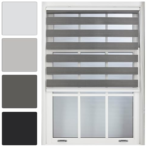FURNISHED Day and Night Roller Blinds - Zebra Blind Dim or Translucent Vision Roller Shades for Windows and Doors - Dual Layer Fabric, Dark Grey, 170W x 165H cm