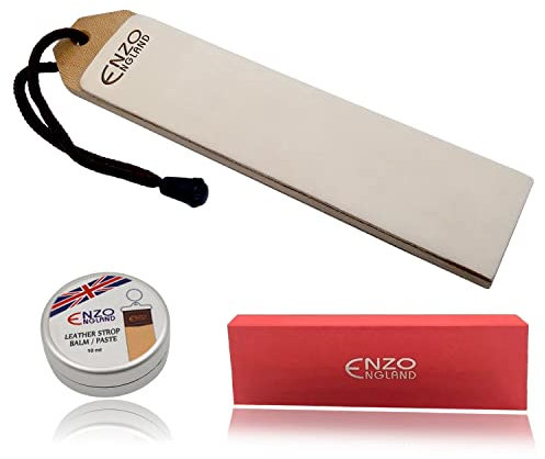ENZO ENGLAND Leather Strop with Honing Paste Set Sharpening Polishing Paddle Block for Woodworking Knife Stropping | Chisel Fine Leather Strop Buffing Paste for Woodcarving Tools