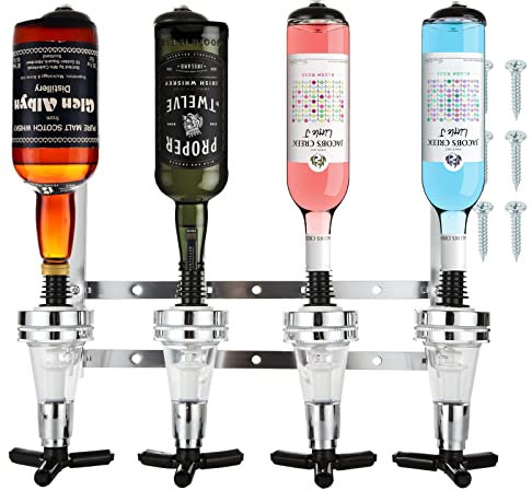 FWEEK 4 Bottle Optics for Spirits Bar Butler Wall Mounted Bottle Bracket Alcohol Wine Upside Down Drink Dispenser Stand Rack for Home Pub or Kitchen Bar, 30ml Optic Spirit Barware Set
