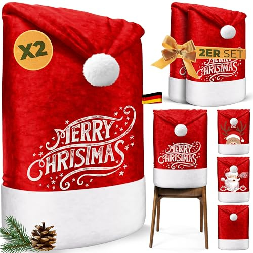 KESSER® Premium Weihnachtsstuhlüberzug 2er Set Stuhlhussen für Weihnachten Nikolausmütze Stuhlbezug Husse Weihnachtsdeko für Stühle Überzieher - Stuhlabdeckung im weihnachtlichen Design