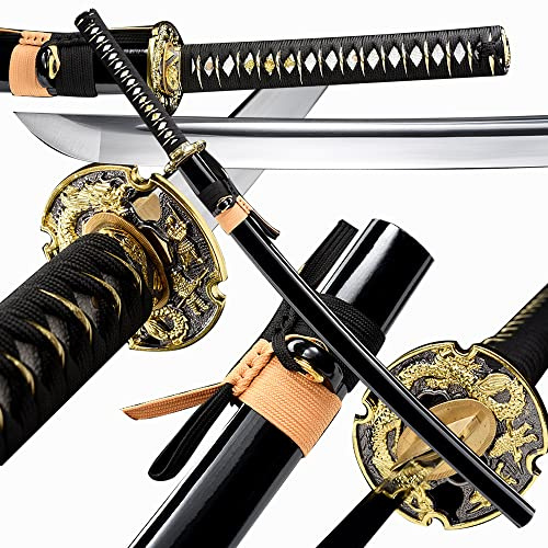 Traditional Heat/Clay Tempered Hand Forged | Real 1060/1095 T10 high Carbon Steel | Practical Authentic Japanese Samurai | Full Tang (Double Golden Dragon)