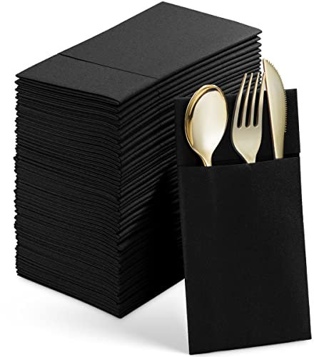 Engångs linnekänsla middagsservetter med inbyggd bestickficka, 50-pack svart Prefolded tyg som pappersservetter för bröllop, middag eller fest