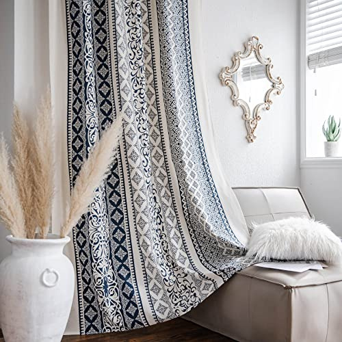 VOGOL Country Strip Printed Curtains, Bohemian Style Privacy Window Treatment with Rod Pocket for Living Room Boy's Bedroom, 1 Panel 59 x 79 Inches, Navy Blue & Beige