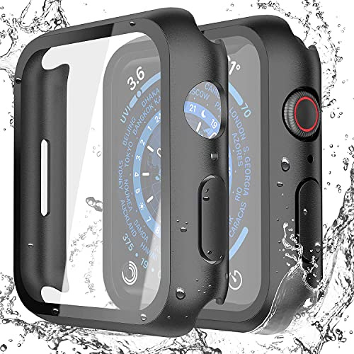 Misxi wasserdichte Schutzhülle für 45mm Apple Watch Series 9/8/7 | 2 Stück Hard-PC Hülle, Gehärteter Glas Displayschutz, Stoßfeste Vollschutz und Kratzern, Ultradünn, Schwarz