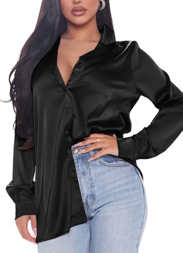 Navneet Women Blouses Satin Button Down Long Sleeve Shirts Collar Blouses Casual Office Wear Work Tops Going Out TopsBlack L