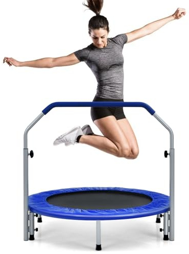 COSTWAY 40 Trampoline, Foldable Fitness Bouncer with 4-Level Adjustable Foam Handle and Safety Padded Cover, Indoor Outdoor Exercise Rebounder Workout for Kids & Adults (Blue)
