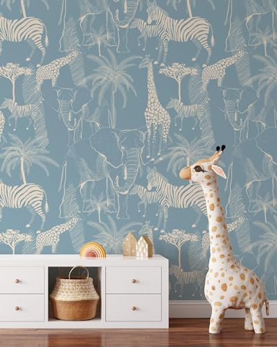 Coloritto Blue Safari Animals Wallpaper | Removable Self Adhesive Jungle Animals Wallpaper | Peel and Stick Wallpaper (Sample 12 W x 8 H)