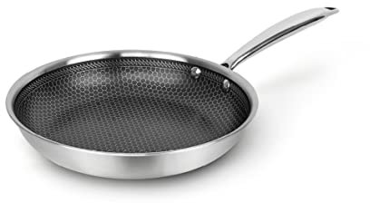 Qdesign - Poêle en Acier Inoxydable Triply 24 cm - Revêtement Nid d'Abeille Antiadhésif - Cuisson Saine, avec Peu de Matières Grasses - Anti-Rayures - Argenté