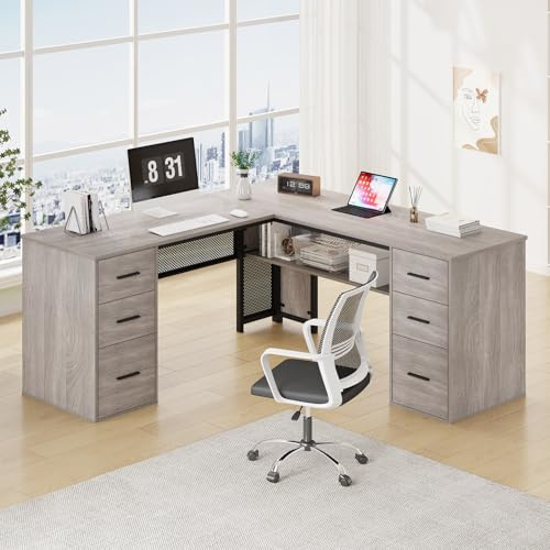 HSH Schreibtisch L Form mit Stauraum Großer Eckschreibtisch Computertisch mit Schubladen und Regalen Homeoffice Schlafzimmer Metall Holz Schreibtische Hell Grau Eiche 150 cm