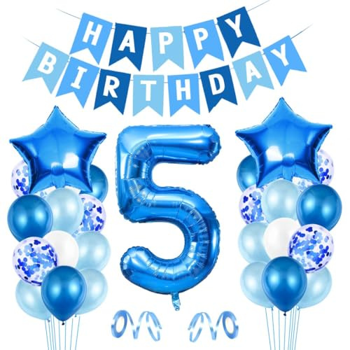 Luftballon 5. Geburtstag Blau - Happy Birthday Folienballon, Riesen Folienballon Zahl 5, Ballon Deko, Geburtstagsdeko Jungen 5 Jahr