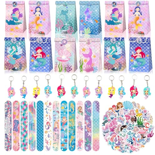 BGNXHYB 86Pcs Meerjungfrau Party Mitgebsel Set, Mermaid Geschenktüten Schlüsselanhänger Schnapparmband Aufkleber, Kindergeburtstag Give Aways, Geburtstag Deko für Mädchen Jungen Party Gastgeschenke
