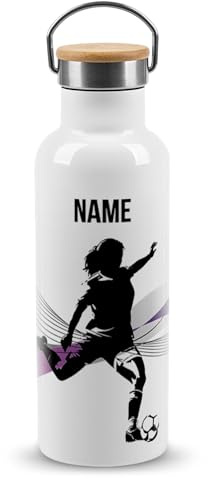 PR Print Royal Edelstahl-Trinkflasche für Sportler mit Name selbst gestalten - Fußball - Geschenk Sportler, Personalisierte Fußball Geschenke für Frauen | Thermosflasche Weiß, 500 ml