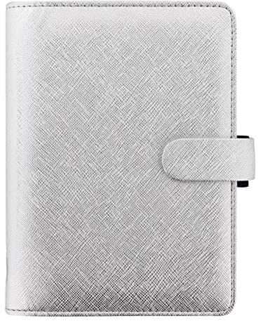 Filofax Saffiano Metallic Organizer, Personal Size, Silver - Cross-Grain, Leather-Look, Bright Metallic Finish, Six Rings, Week-to-View Calendar Diary, Multilingual, 2025 (C028754-25)