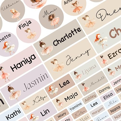 Petite Print® Namensaufkleber Kita-Set – (150 Stück) personalisierte Namensetiketten für Kleidung, Stifte & Gegenstände, wasserfest & waschmaschinenfest (Ballerina)