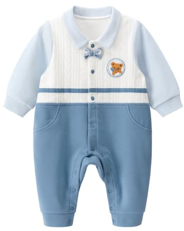 gurcooc Neugeborene Baby Jungen Strampler Langarm Gentleman Fake Two Pieces Baby Body mit Fliege Einteiler Outfit, 3-24 Monate