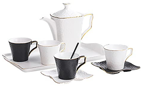 KWMAEEUID Porcelain Tea Sets, Coffee Cups and Saucer Service for 4, Modern Simple Tea Sets with Black Teapot, Tea Cups,B (A)