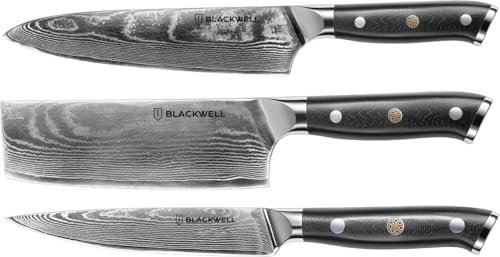 Blackwell Set de couteaux (Couteau de Chef + Couteau à Légumes + Couteau Officemes)) - Style Japonais - 67 Couches Acier Damas - VG10-3 Pièces