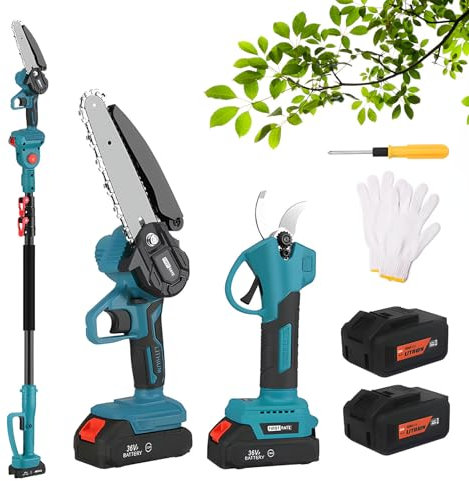 Tijeras de Podar Eléctricas, Tijeras de Podar de Jardín Eléctricas con Poste Telescópico Inalámbrico de 2 M, Sierra Monomanual con Batería de Litio de 6 Pulgadas, Batería de 2 X 3.0 Ah