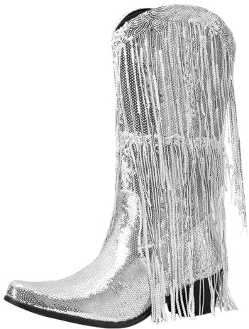 Pailletten Schuhe,Franse Western Stiefel Damen Metallic Cowboy Stiefel Pull on