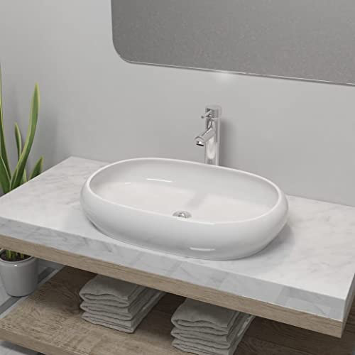 ShGaxin Lavabo de Baño Ovalado con Grifo Mezclador, Lavabo sobre Encimera, Lavabo Baño, Muebles De Baño, Mueble Lavabo, cerámica Blanco