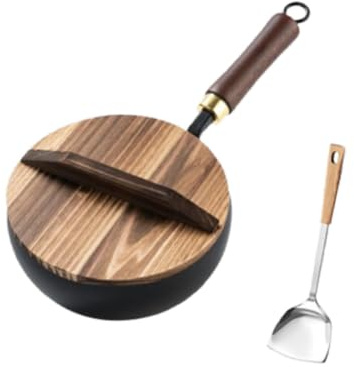 Colcolo Piccola Padella Ferro, pentole, Robusta, Facile da Pulire, Multiuso, Padella Wok Cinese con Coperchio in Legno per Gas a induzione, 24 Cm